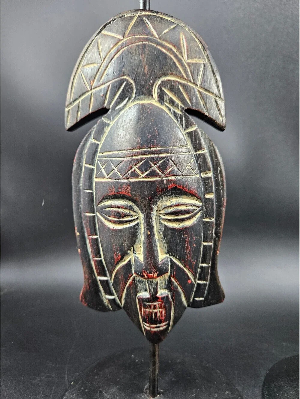 2 Vintage Hand-Carved Tribal Mask Pillar Candle Holders Iron Stands Folk Art